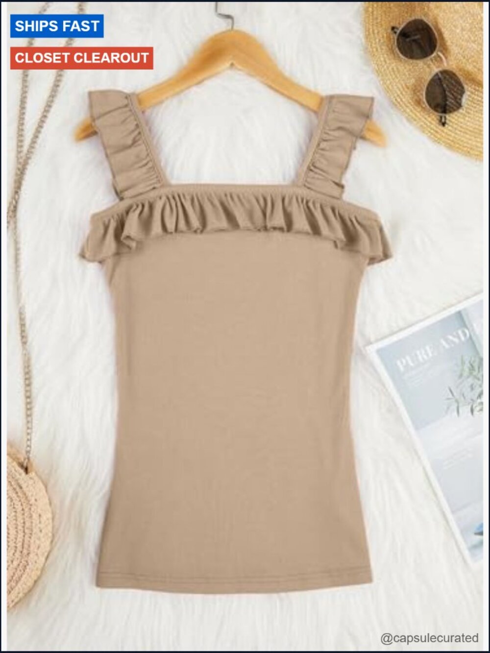 Sleeveless Ruffled Square Neck Tank Top Knit Camisole Top - Picture 5 of 7